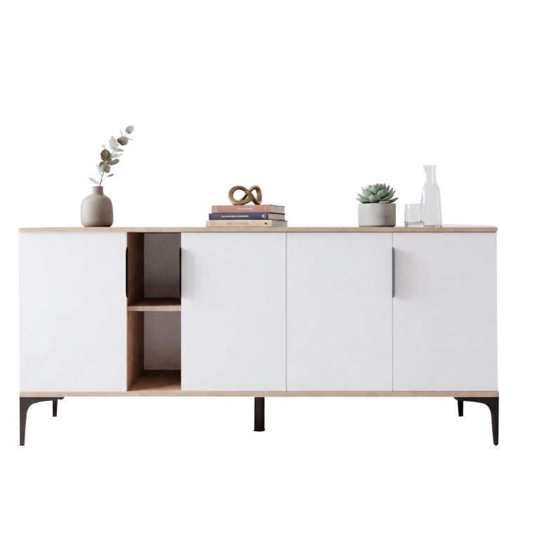 Credenza Bianco Marrone Rovere 4 Ripiani 8 Vani 180x40x79h cm, 4 Ante - Rottaro