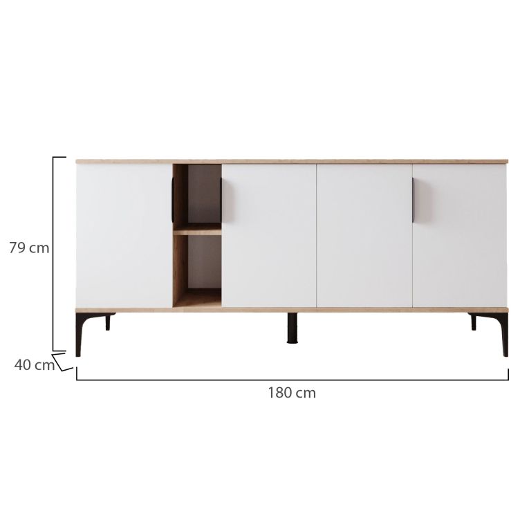 Credenza Bianco Marrone Rovere 4 Ripiani 8 Vani 180x40x79h cm, 4 Ante - Rottaro