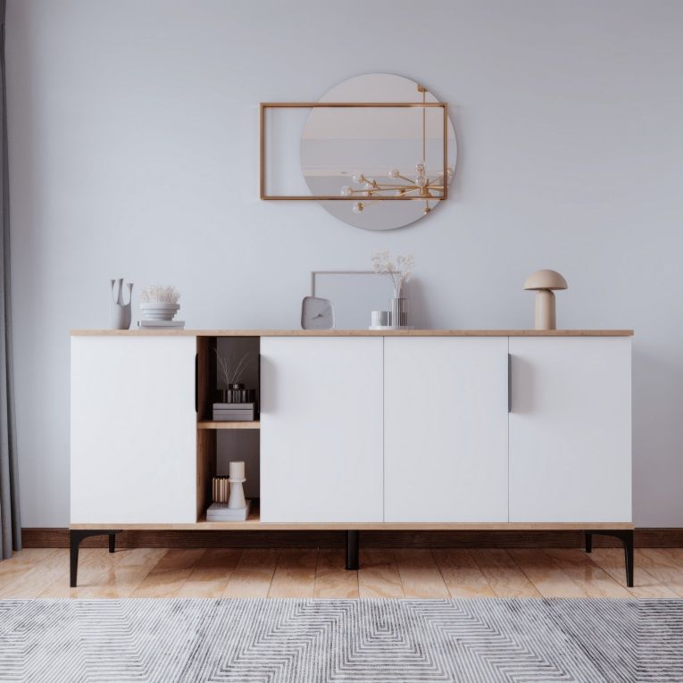 Credenza Bianco Marrone Rovere 4 Ripiani 8 Vani 180x40x79h cm, 4 Ante - Rottaro