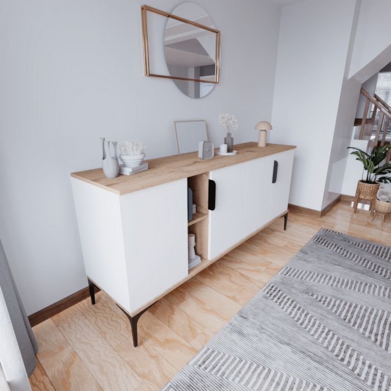 Credenza Bianco Marrone Rovere 4 Ripiani 8 Vani 180x40x79h cm, 4 Ante - Rottaro