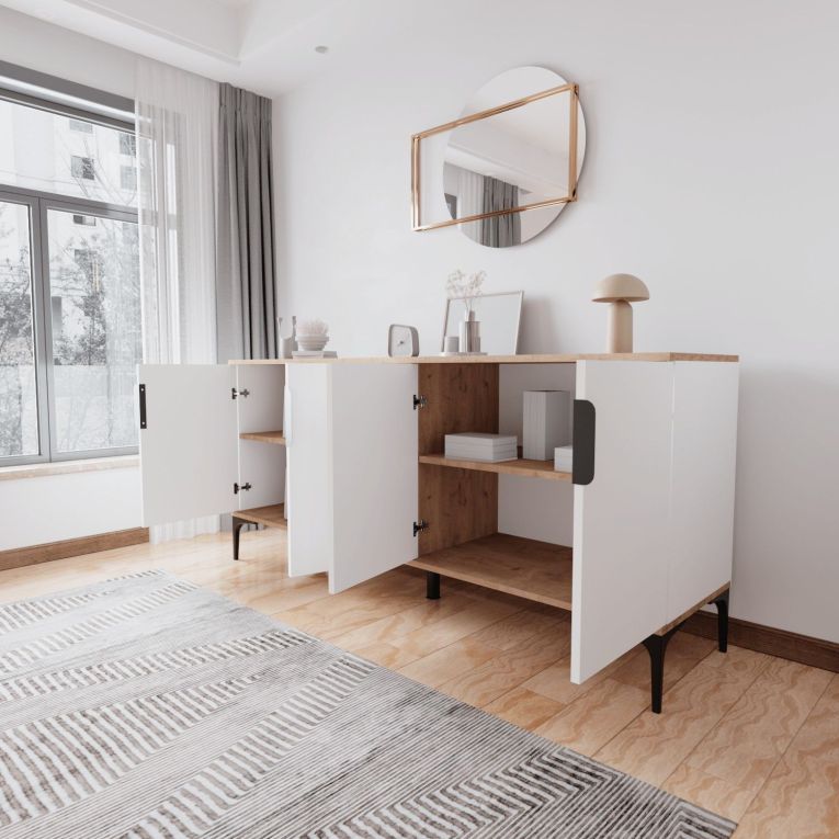 Credenza Bianco Marrone Rovere 4 Ripiani 8 Vani 180x40x79h cm, 4 Ante - Rottaro