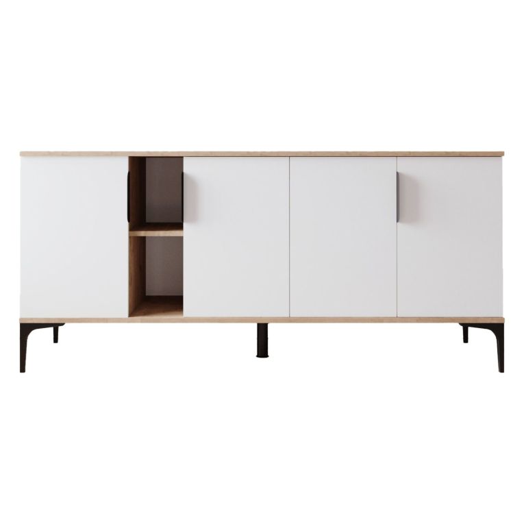 Credenza Bianco Marrone Rovere 4 Ripiani 8 Vani 180x40x79h cm, 4 Ante - Rottaro