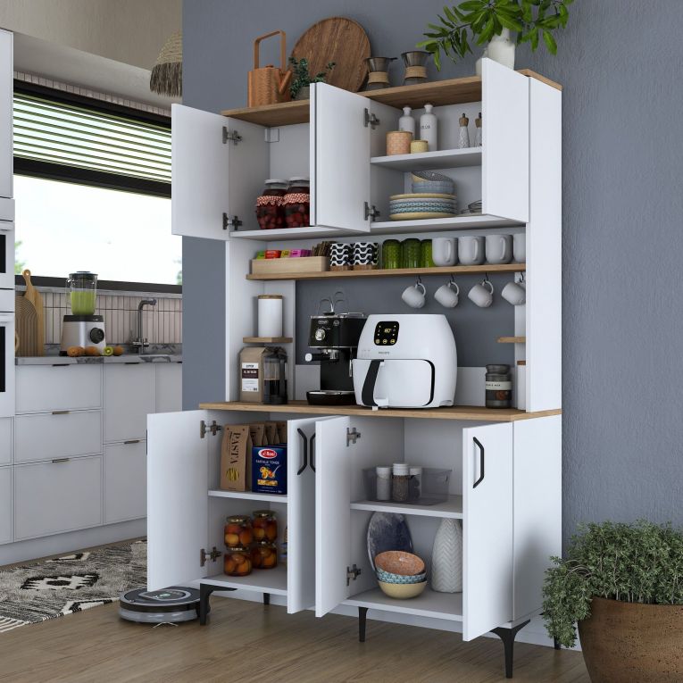 Credenza Bianco Marrone Rovere 7 Ripiani 8 Vani 120x40x184h cm, 8 Ante - Ceccano