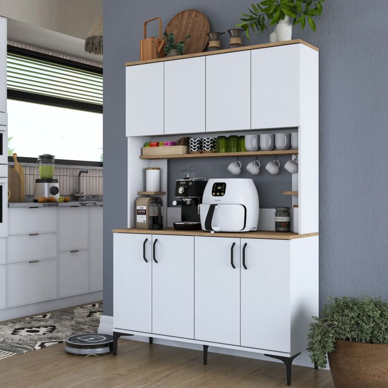 Credenza Bianco Marrone Rovere 7 Ripiani 8 Vani 120x40x184h cm, 8 Ante - Ceccano