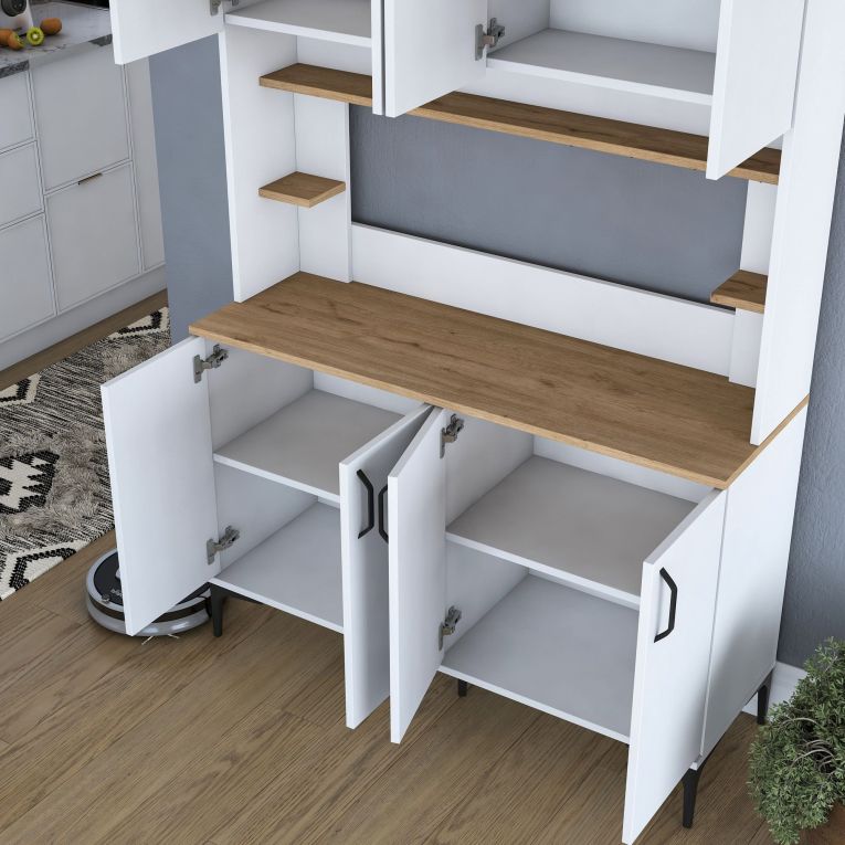 Credenza Bianco Marrone Rovere 7 Ripiani 8 Vani 120x40x184h cm, 8 Ante - Ceccano