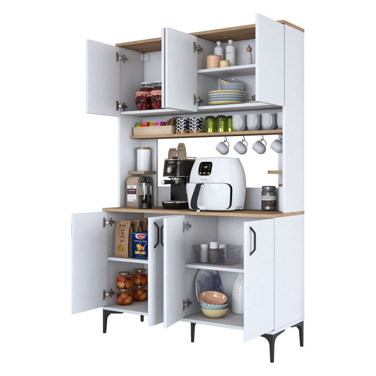 Credenza Bianco Marrone Rovere 7 Ripiani 8 Vani 120x40x184h cm, 8 Ante - Ceccano