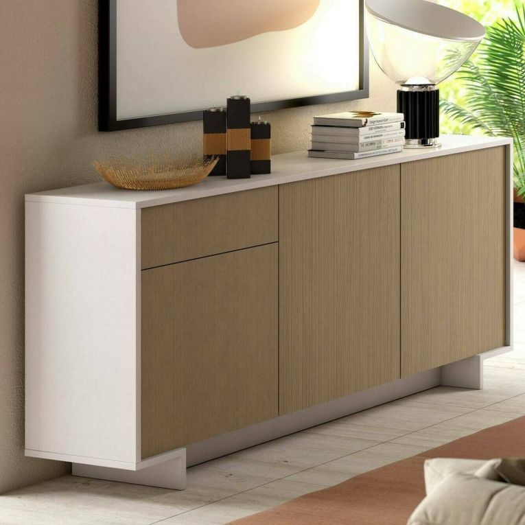 Credenza Bianco Marrone Rovere Effetto Rigato un Cassetto 2 Ripiani 170x42x78h cm, Made in Italy - Aronne