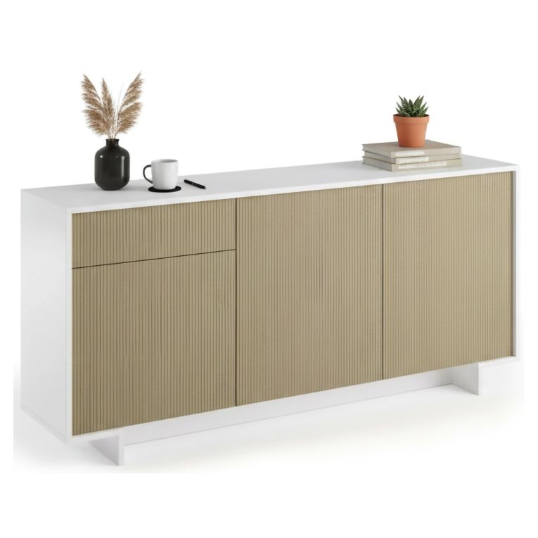 Credenza Bianco Marrone Rovere Effetto Rigato un Cassetto 2 Ripiani 170x42x78h cm, Made in Italy - Aronne