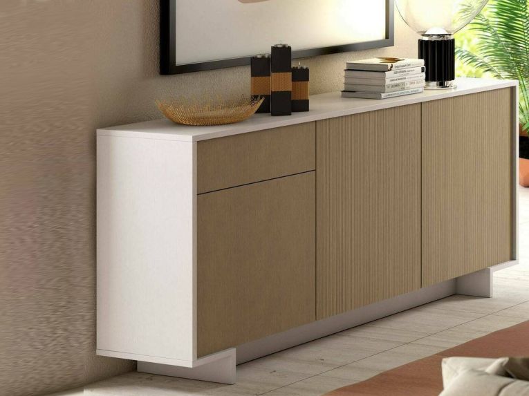 Credenza Bianco Marrone Rovere Effetto Rigato un Cassetto 2 Ripiani 170x42x78h cm, Made in Italy - Aronne