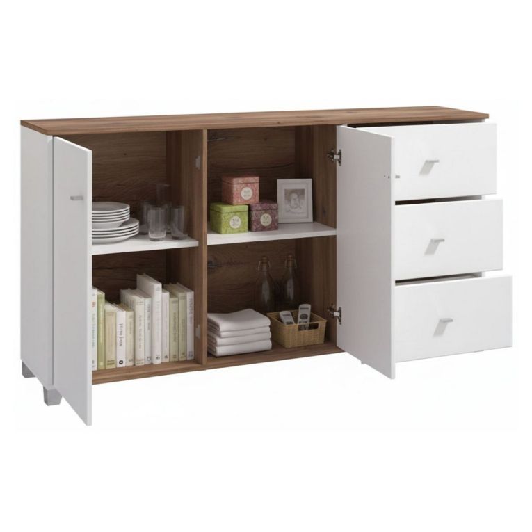 Credenza Bianco Marrone Rovere Nodi 3 Cassetti 2 Ripiani 162x40x85h cm, Apertura Battente e Scorrevole - Ete