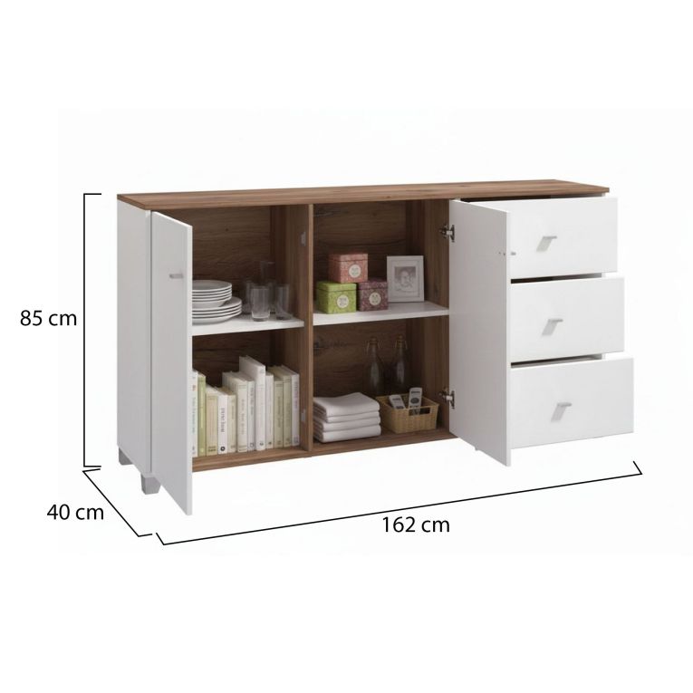 Credenza Bianco Marrone Rovere Nodi 3 Cassetti 2 Ripiani 162x40x85h cm, Apertura Battente e Scorrevole - Ete