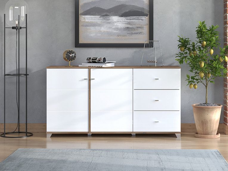 Credenza Bianco Marrone Rovere Nodi 3 Cassetti 2 Ripiani 162x40x85h cm, Apertura Battente e Scorrevole - Ete