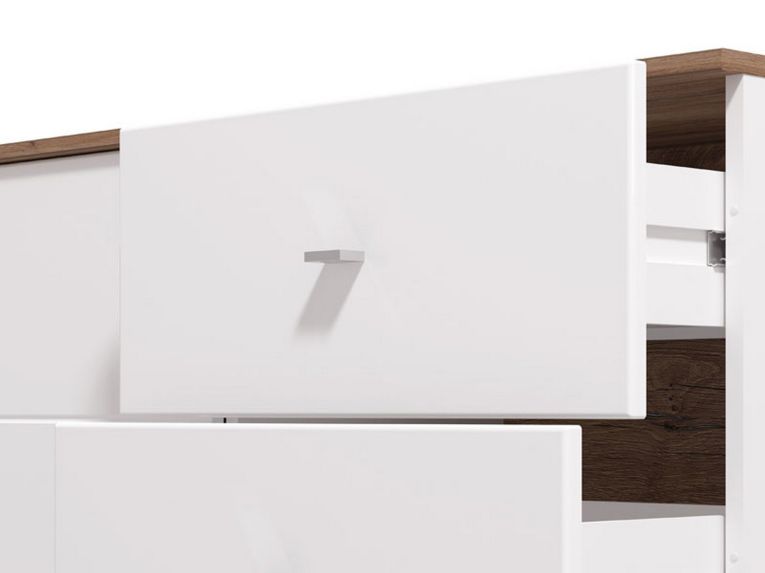 Credenza Bianco Marrone Rovere Nodi 3 Cassetti 2 Ripiani 162x40x85h cm, Apertura Battente e Scorrevole - Ete