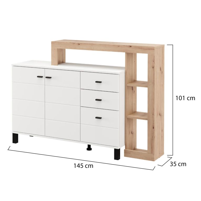 Credenza Bianco Marrone Rovere Nodi 3 Cassetti 5 Ripiani 145x35x101h cm, Apertura Battente, Scorrevole - Valiza