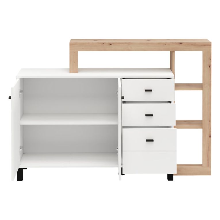 Credenza Bianco Marrone Rovere Nodi 3 Cassetti 5 Ripiani 145x35x101h cm, Apertura Battente, Scorrevole - Valiza