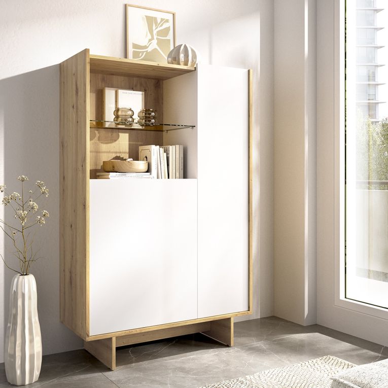 Credenza Bianco Marrone Rovere Nodi 4 Ripiani 6 Vani 30x81x138h cm, 2 Ante - Edgewood