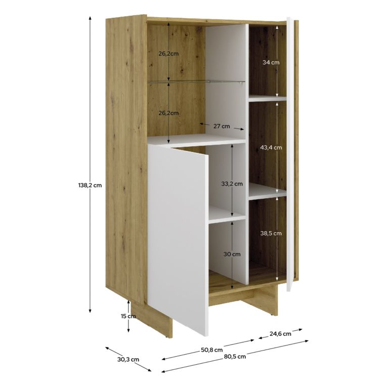 Credenza Bianco Marrone Rovere Nodi 4 Ripiani 6 Vani 30x81x138h cm, 2 Ante - Edgewood