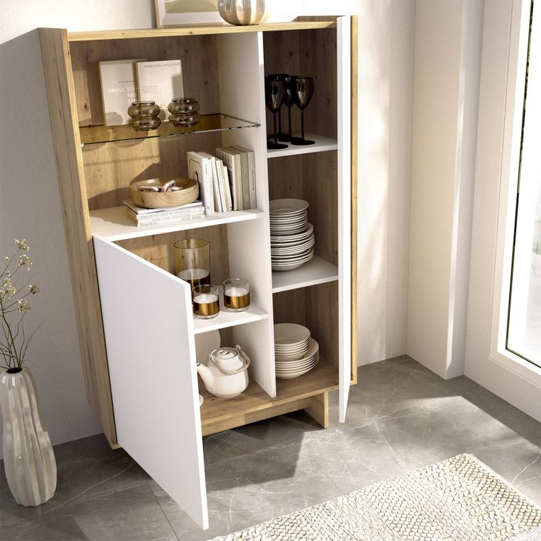 Credenza Bianco Marrone Rovere Nodi 4 Ripiani 6 Vani 30x81x138h cm, 2 Ante - Edgewood