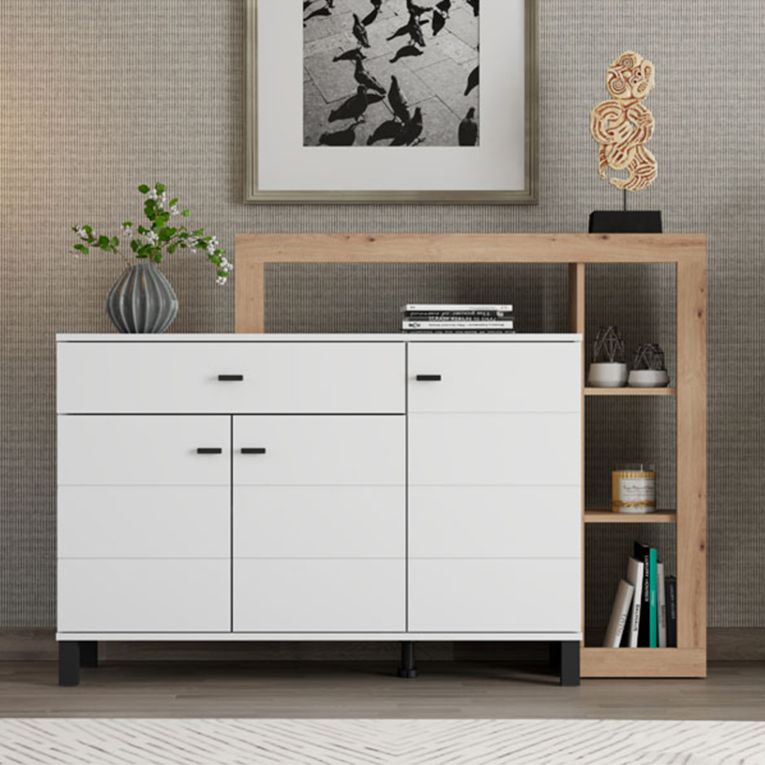 Credenza Bianco Marrone Rovere Nodi 5 Ripiani un Cassetto 145x35x101h cm, 3 Ante - Piriap