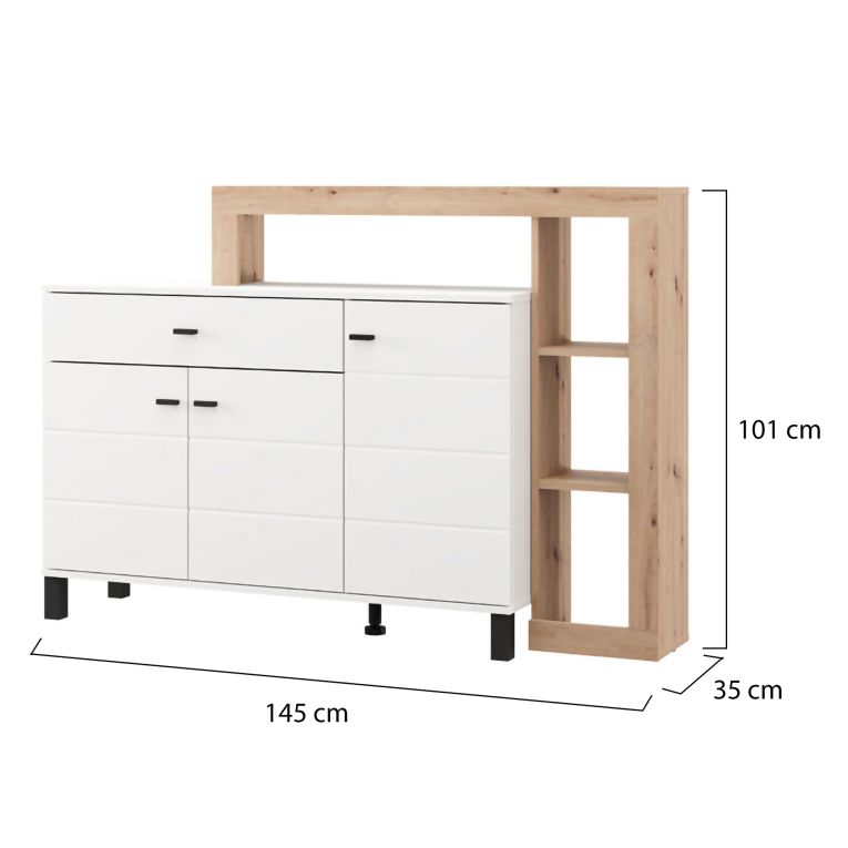Credenza Bianco Marrone Rovere Nodi 5 Ripiani un Cassetto 145x35x101h cm, 3 Ante - Piriap
