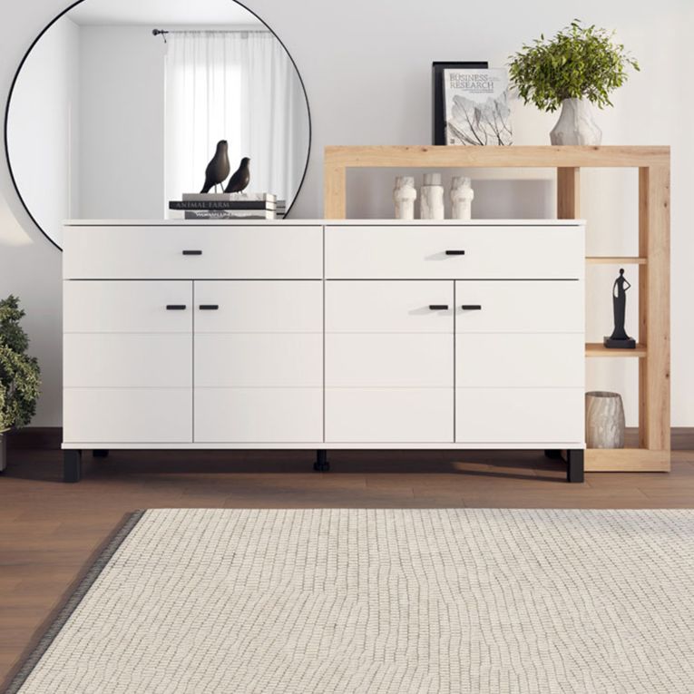 Credenza Bianco Marrone Rovere Nodi 7 Ripiani 2 Cassetti 183x35x101h cm, 4 Ante - Chefch
