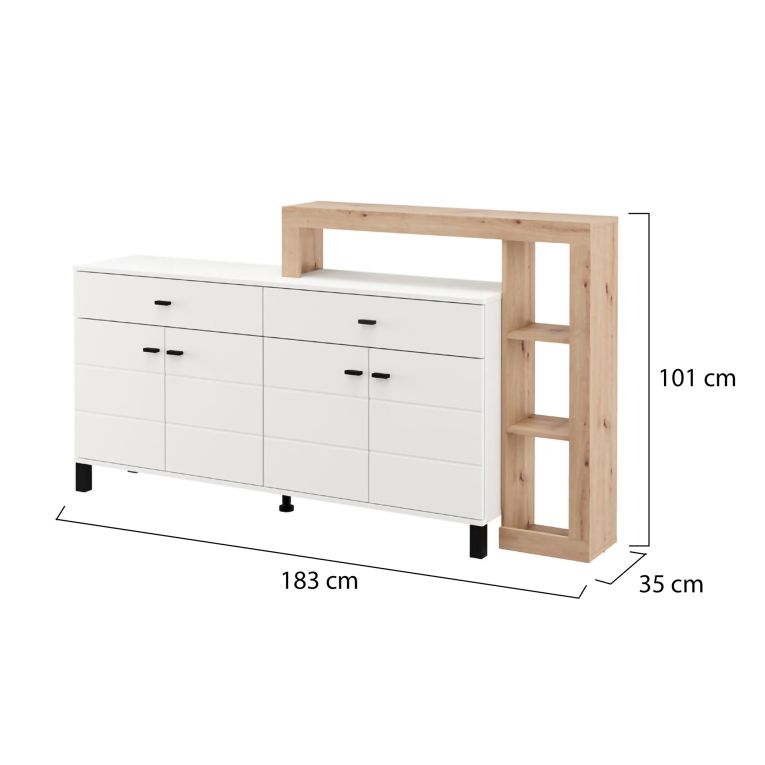 Credenza Bianco Marrone Rovere Nodi 7 Ripiani 2 Cassetti 183x35x101h cm, 4 Ante - Chefch
