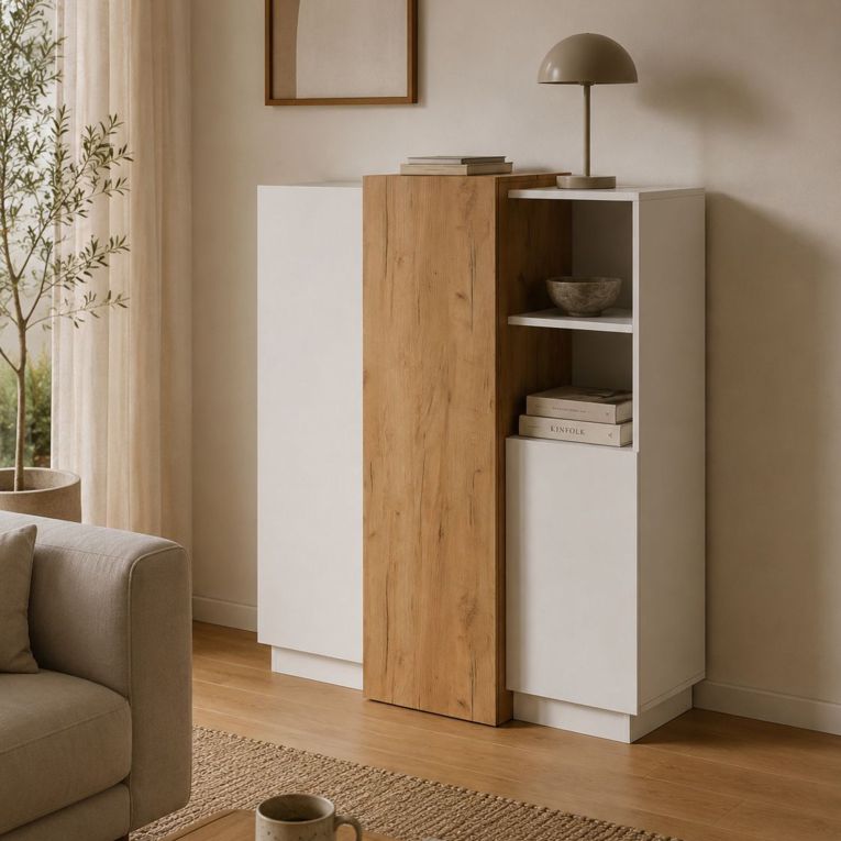 Credenza Bianco Marrone Rovere Nodi 8 Ripiani Apertura Battente 100x45x134h cm, 3 Ante - Gasima