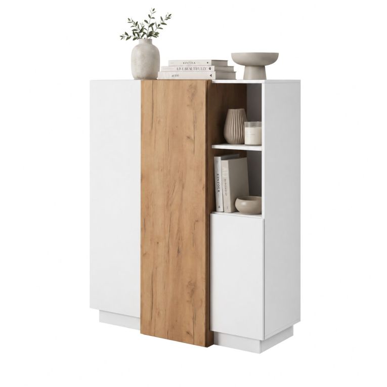 Credenza Bianco Marrone Rovere Nodi 8 Ripiani Apertura Battente 100x45x134h cm, 3 Ante - Gasima