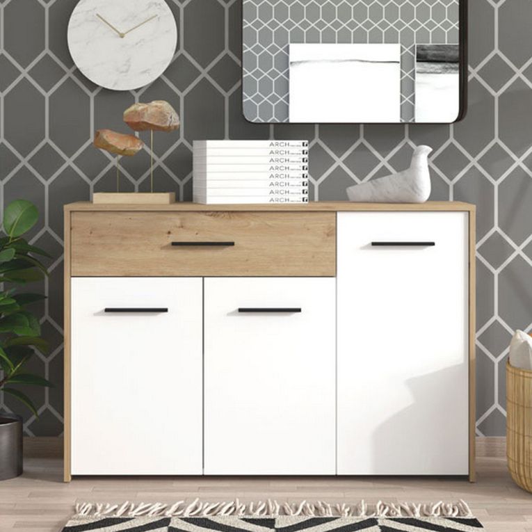 Credenza Bianco Marrone Rovere Nodi un Cassetto 2 Ripiani 119x33x80.5h cm, Apertura Battente e Scorrevole - Sanza