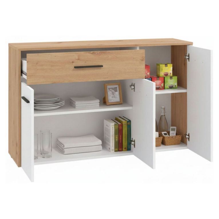 Credenza Bianco Marrone Rovere Nodi un Cassetto 2 Ripiani 119x33x80.5h cm, Apertura Battente e Scorrevole - Sanza