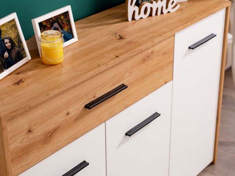 Credenza Bianco Marrone Rovere Nodi un Cassetto 2 Ripiani 119x33x80.5h cm, Apertura Battente e Scorrevole - Sanza