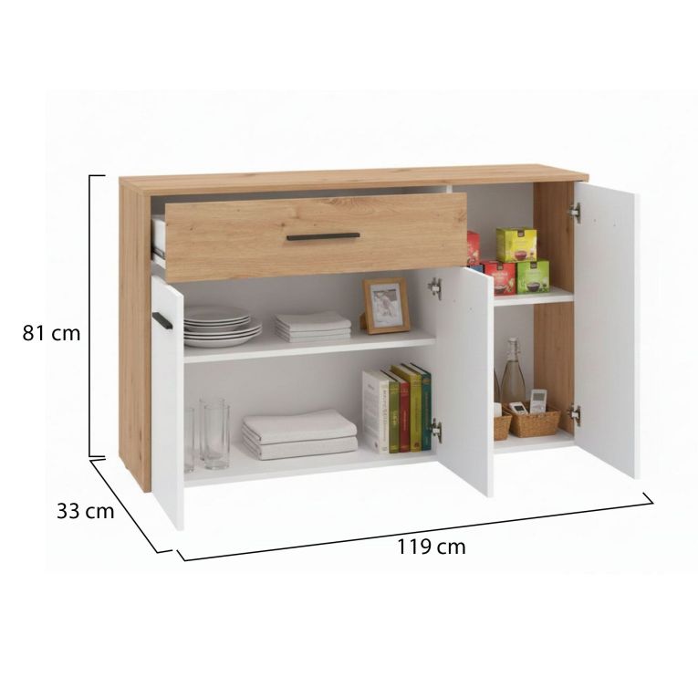 Credenza Bianco Marrone Rovere Nodi un Cassetto 2 Ripiani 119x33x80.5h cm, Apertura Battente e Scorrevole - Sanza