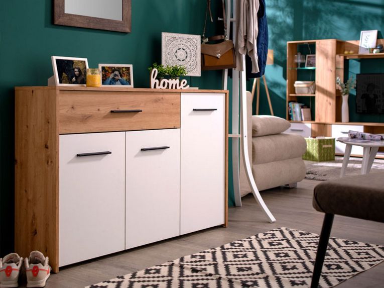 Credenza Bianco Marrone Rovere Nodi un Cassetto 2 Ripiani 119x33x80.5h cm, Apertura Battente e Scorrevole - Sanza