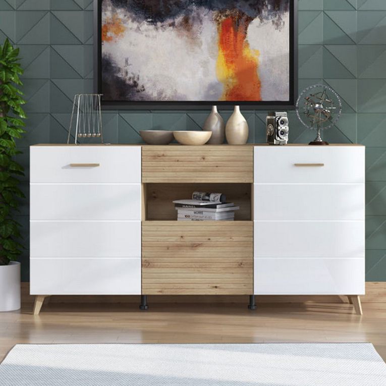 Credenza Bianco Marrone Rovere Nodi un Cassetto 3 Ripiani 173x41.5x87.5h cm, Apertura Battente, a Ribalta, Scorrevole - Morlupo