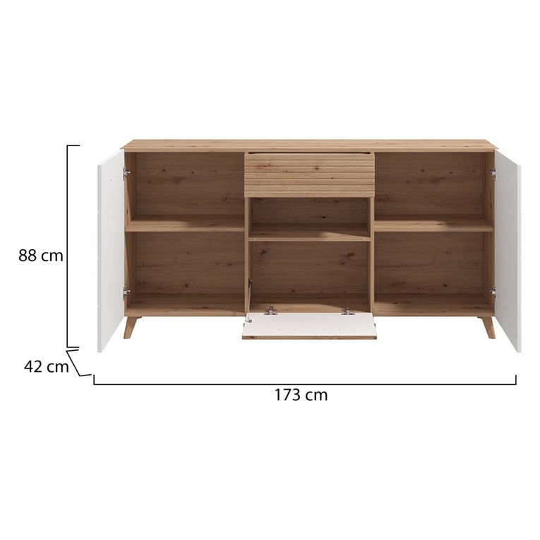 Credenza Bianco Marrone Rovere Nodi un Cassetto 3 Ripiani 173x41.5x87.5h cm, Apertura Battente, a Ribalta, Scorrevole - Morlupo