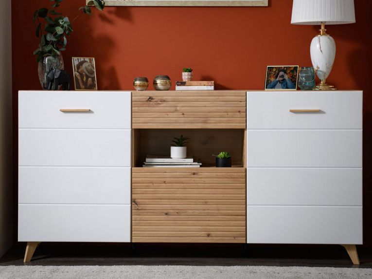 Credenza Bianco Marrone Rovere Nodi un Cassetto 3 Ripiani 173x41.5x87.5h cm, Apertura Battente, a Ribalta, Scorrevole - Morlupo