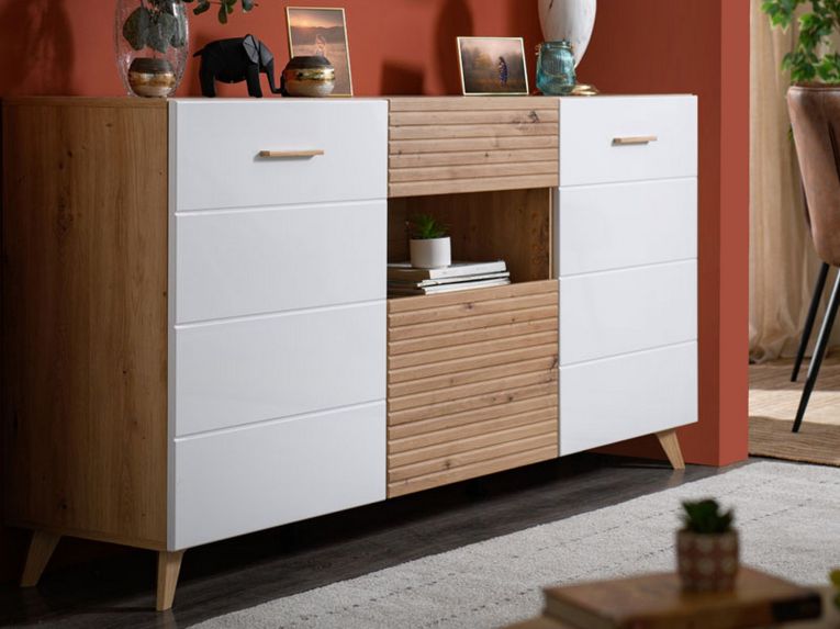 Credenza Bianco Marrone Rovere Nodi un Cassetto 3 Ripiani 173x41.5x87.5h cm, Apertura Battente, a Ribalta, Scorrevole - Morlupo
