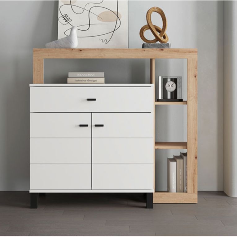 Credenza Bianco Marrone Rovere Nodi un Cassetto 5 Ripiani 106x35x101h cm, Apertura Battente, Scorrevole - Banos