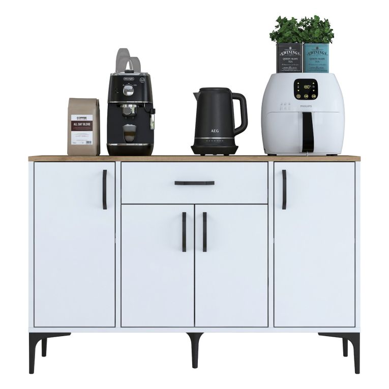 Credenza Bianco Marrone Rovere un Cassetto 2 Ripiani 120x40x79h cm, Apertura Battente, Scorrevole - Piobbico