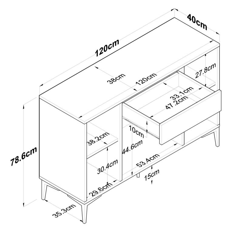 Credenza Bianco Marrone Rovere un Cassetto 2 Ripiani 120x40x79h cm, Apertura Battente, Scorrevole - Piobbico