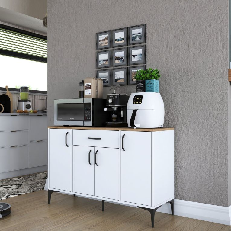 Credenza Bianco Marrone Rovere un Cassetto 2 Ripiani 120x40x79h cm, Apertura Battente, Scorrevole - Piobbico