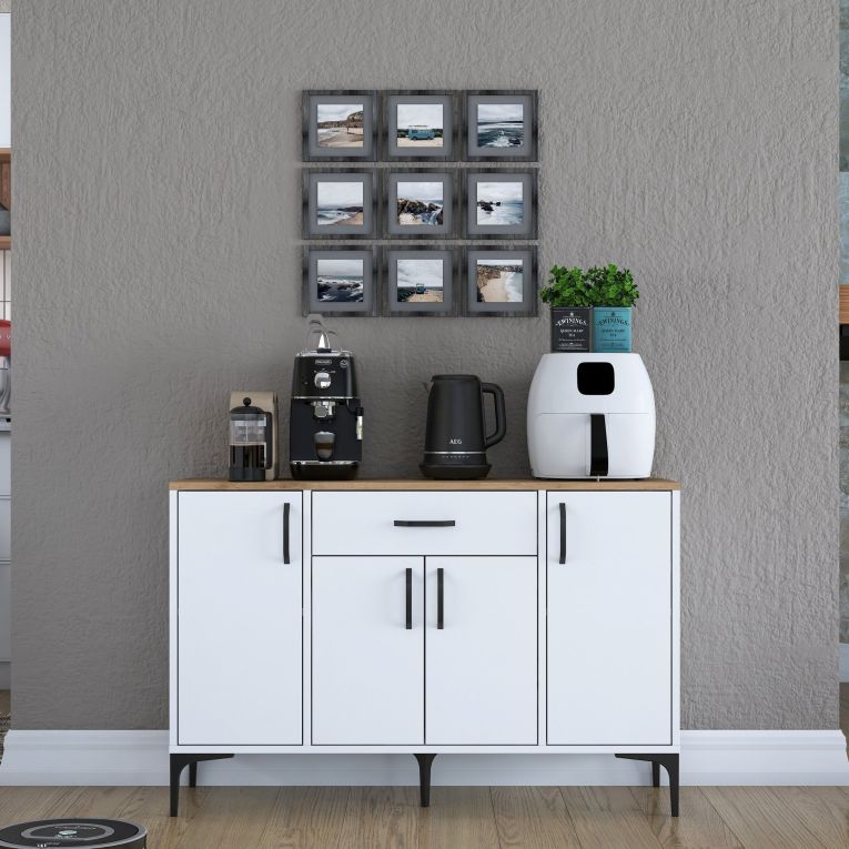Credenza Bianco Marrone Rovere un Cassetto 2 Ripiani 120x40x79h cm, Apertura Battente, Scorrevole - Piobbico