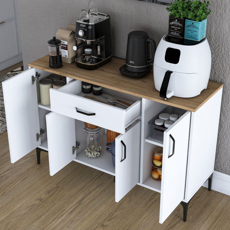 Credenza Bianco Marrone Rovere un Cassetto 2 Ripiani 120x40x79h cm, Apertura Battente, Scorrevole - Piobbico