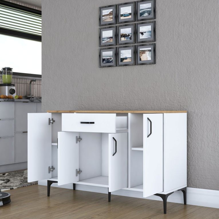 Credenza Bianco Marrone Rovere un Cassetto 2 Ripiani 120x40x79h cm, Apertura Battente, Scorrevole - Piobbico