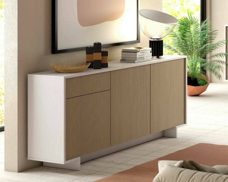 Credenza Bianco Marrone Rovere un Cassetto 2 Ripiani 170x42x78h cm, Apertura Push Pull Made in Italy - Aronne