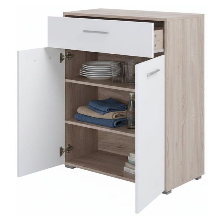 Credenza Bianco Marrone Rovere un Cassetto 2 Ripiani 79x35x97.5h cm, Apertura Battente e Scorrevole - Verduno