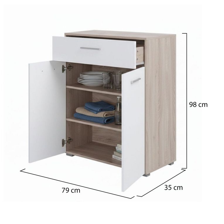 Credenza Bianco Marrone Rovere un Cassetto 2 Ripiani 79x35x97.5h cm, Apertura Battente e Scorrevole - Verduno