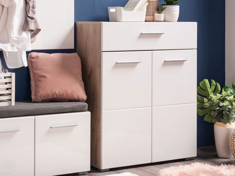 Credenza Bianco Marrone Rovere un Cassetto 2 Ripiani 79x35x97.5h cm, Apertura Battente e Scorrevole - Verduno