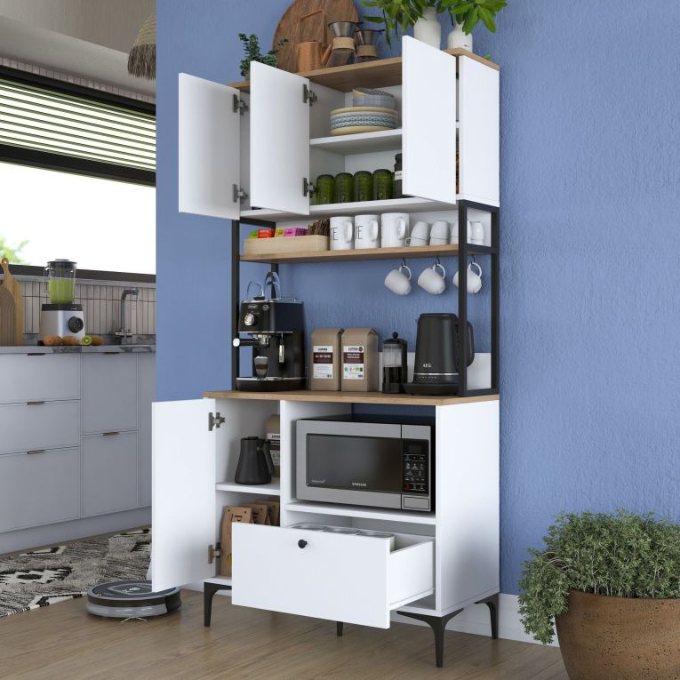 Credenza Bianco Marrone Rovere un Cassetto 2 Ripiani 90x38x184h cm, Apertura Battente, Scorrevole - Rapone