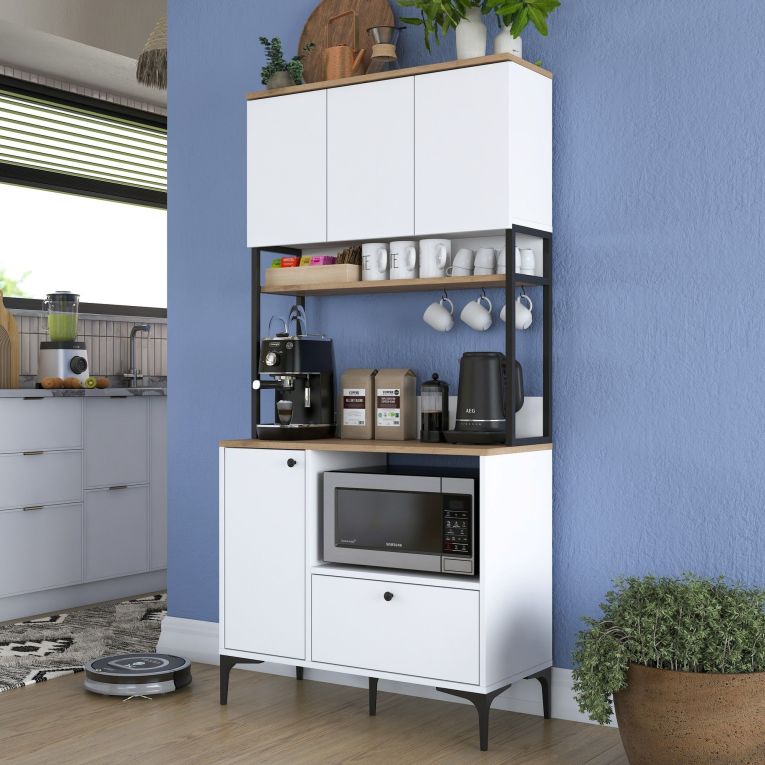 Credenza Bianco Marrone Rovere un Cassetto 2 Ripiani 90x38x184h cm, Apertura Battente, Scorrevole - Rapone